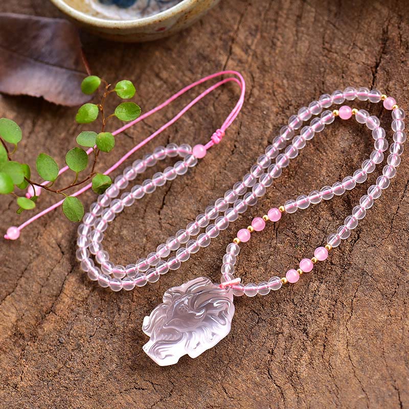 Collar con colgante de amor de zorro de nueve colas, cristal rosa Natural, Buddha Stones