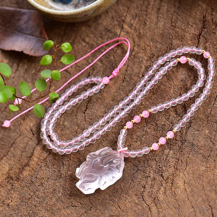 Collar con colgante de amor de zorro de nueve colas, cristal rosa Natural, Buddha Stones