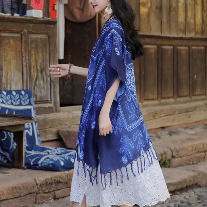 Jersey de viaje suave con borlas y chal de pez Koi teñido anudado azul con Buddha Stones 90*95cm