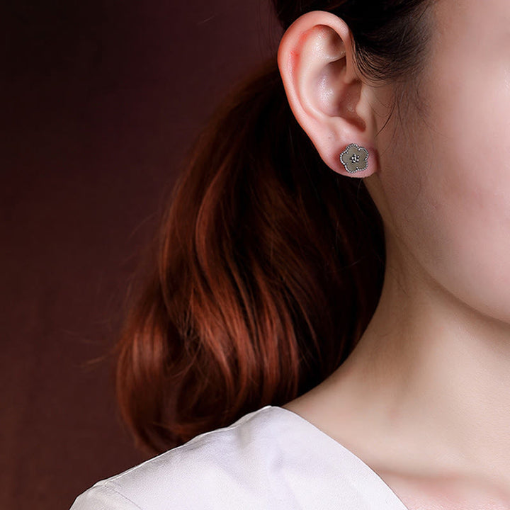 Pendientes de plata de ley 925 con Buddha Stones , jade hetiano y flor de ciruelo
