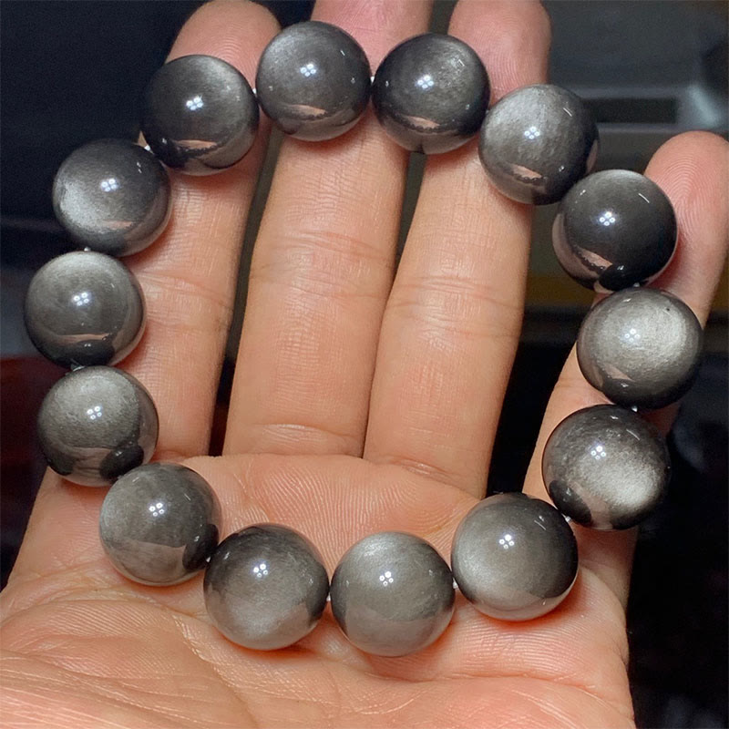 Pulsera de protección calmante de obsidiana brillante de plata natural con Buddha Stones
