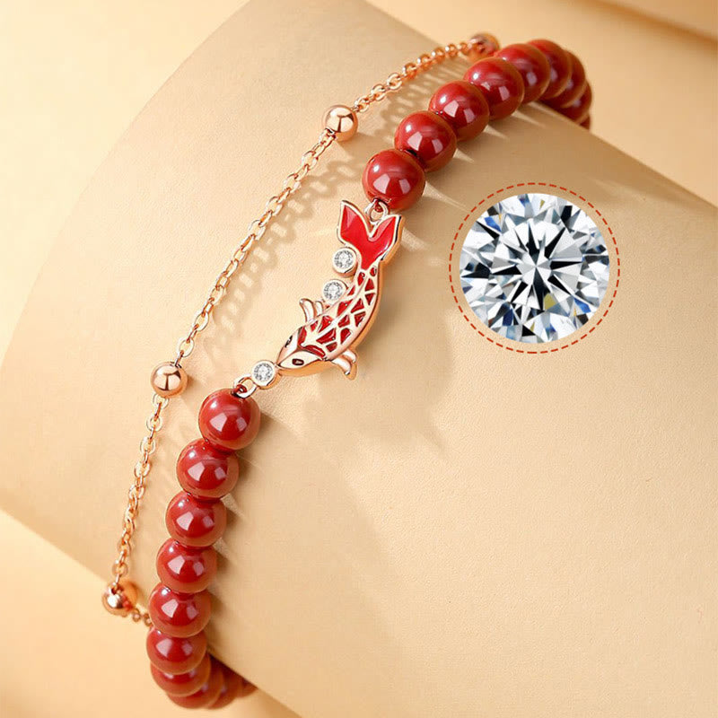 Pulsera de cadena de doble capa con Buddha Stones, Plata de Ley 925, pez Koi de la suerte, circón cinabrio, prosperidad