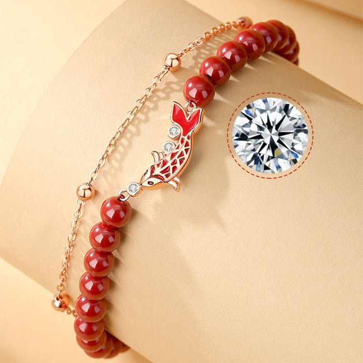 Pulsera de cadena de doble capa con Buddha Stones, Plata de Ley 925, pez Koi de la suerte, circón cinabrio, prosperidad