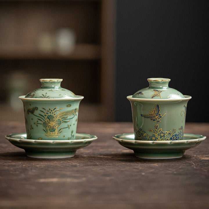 Buddha Stones de porcelana verde, mariposa, flor, salmón, pescado, cerámica, Gaiwan Sancai, taza de té de Kung Fu y platillo con tapa