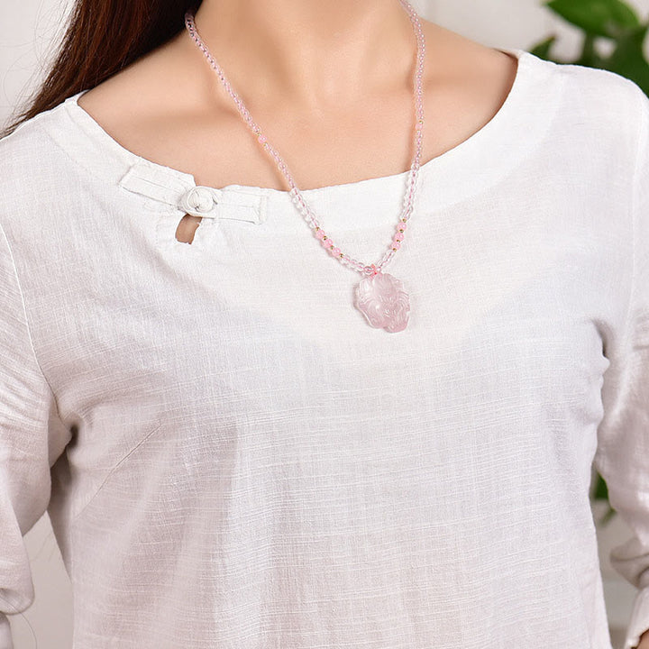 Collar con colgante de amor de zorro de nueve colas, cristal rosa Natural, Buddha Stones