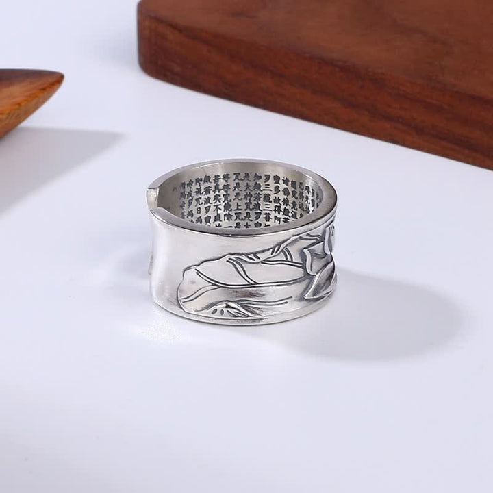 Anillo de protección Sutra de corazón de flor de loto de plata de ley 999 con Buddha Stones