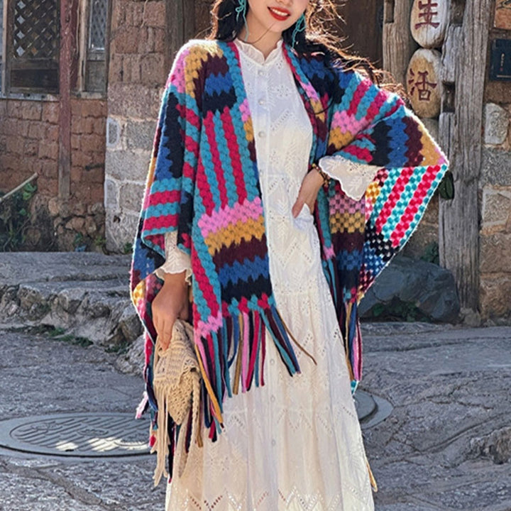 Mantón tibetano de Buddha Stones , patrón trenzado de Color caramelo, bufanda de punto con borlas de viaje acogedora para invierno
