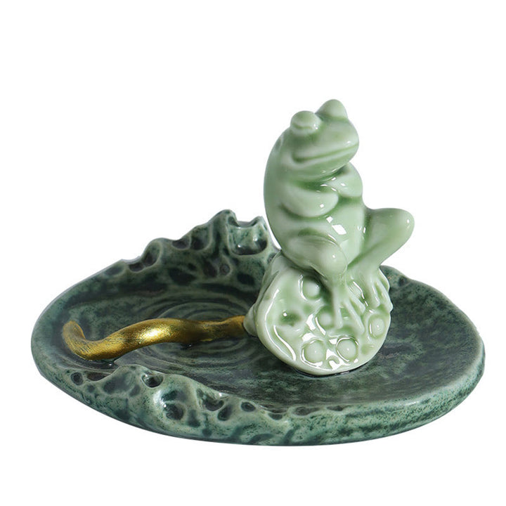 Quemador de incienso de cerámica curativo con patrón de rana para meditación de hojas de Buddha Stones, decoración
