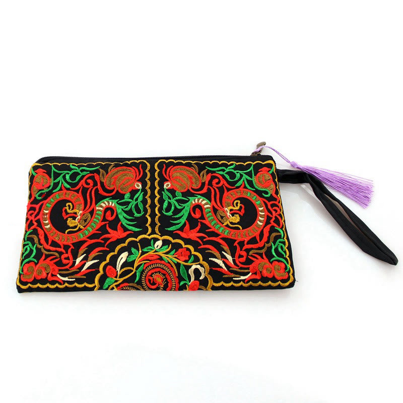 Cartera de compras con bordado de flores de Buddha Stones, dragón, mariposa, cosmos