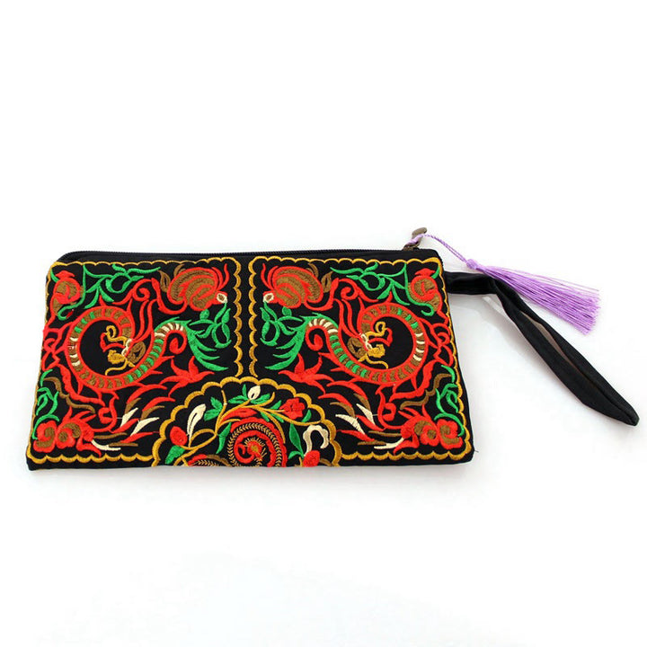 Cartera de compras con bordado de flores de Buddha Stones, dragón, mariposa, cosmos