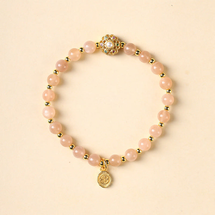 Buddha Stones chapadas en oro de 14 quilates, cuarzo fresa natural, labradorita, piedra solar, personaje Fu, pulsera con dije positivo