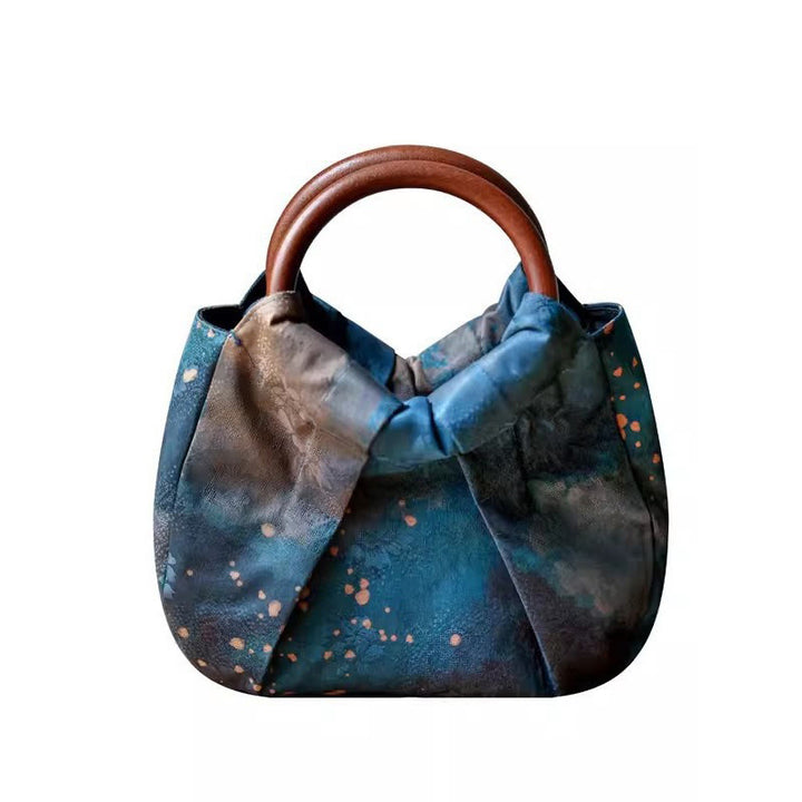 Bolso de mano con asa de madera azul con flor de jacquard hecho a mano con Buddha Stones