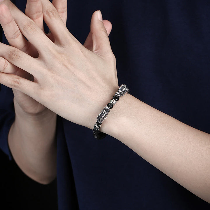Pulsera trenzada hecha a mano con doble suerte de dragón de plata de ley 999 con Buddha Stones