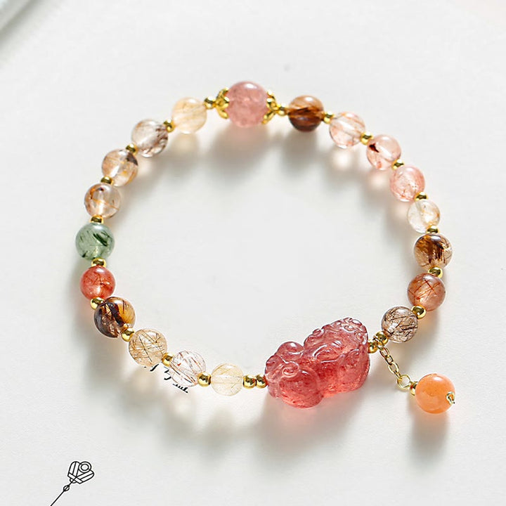 Pulsera de riqueza PiXiu de cuarzo fresa de cuarzo rutilado natural con Buddha Stones
