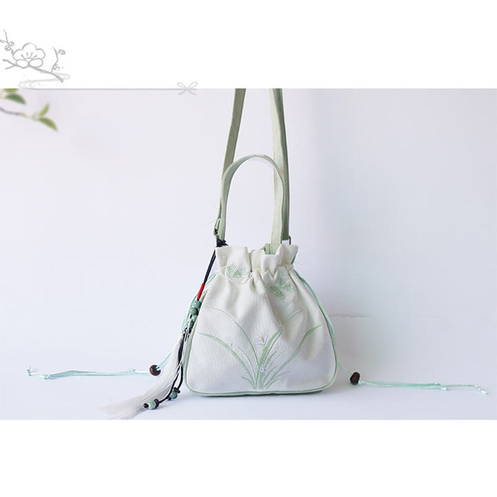 Bolso de hombro de lona con flores bordadas hechas a mano con Buddha Stones