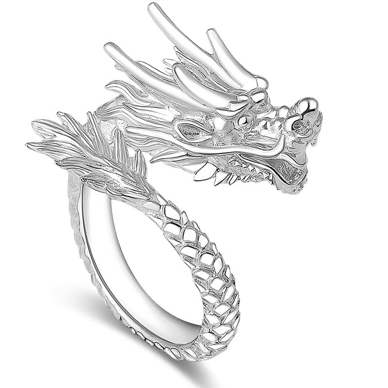 Anillo ajustable de plata de ley 990 con Buddha Stones , diseño de dragón vintage, protección de la suerte y fuerza