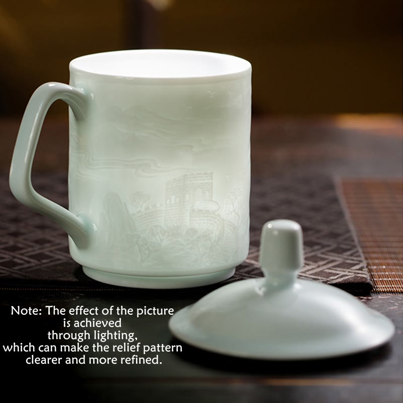 Buddha Stones Jingdezhen, porcelana blanca hecha a mano, gran pared, paisaje, taza de té de cerámica grabada, taza de oficina, tazas de té