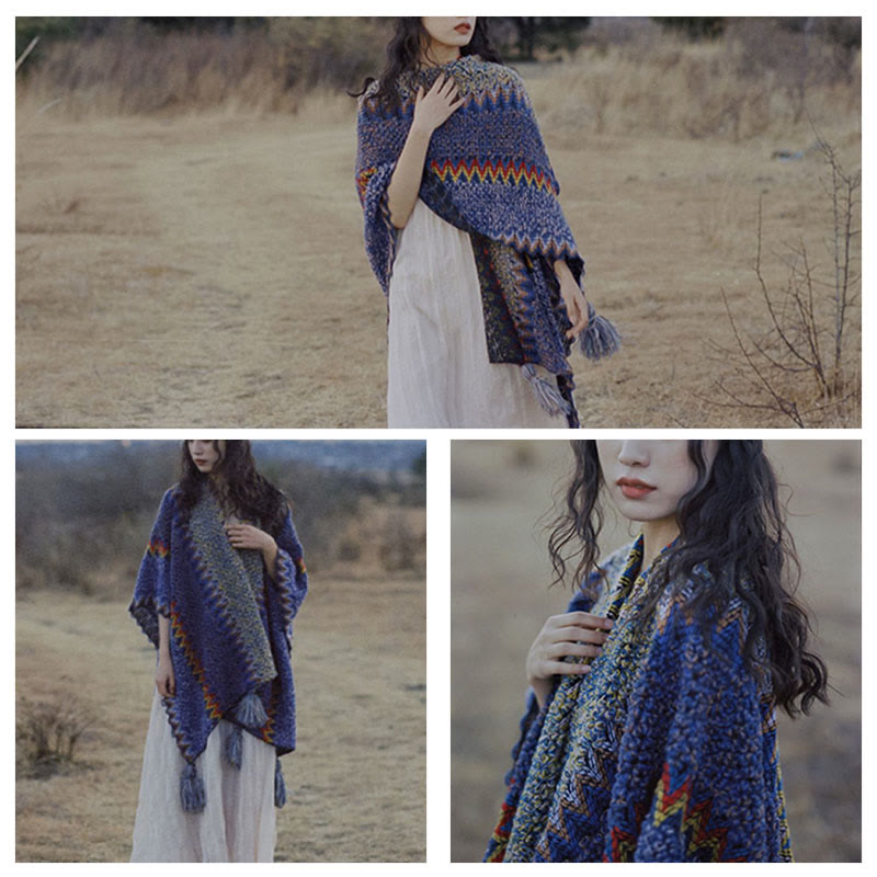 Mantón tibetano de Buddha Stones, capa de punto suave y cálida, bufanda tibetana con borlas de invierno