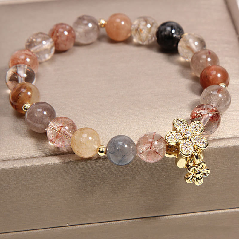Pulsera de flores de protección de la riqueza de citrino de cuarzo rutilado multicolor