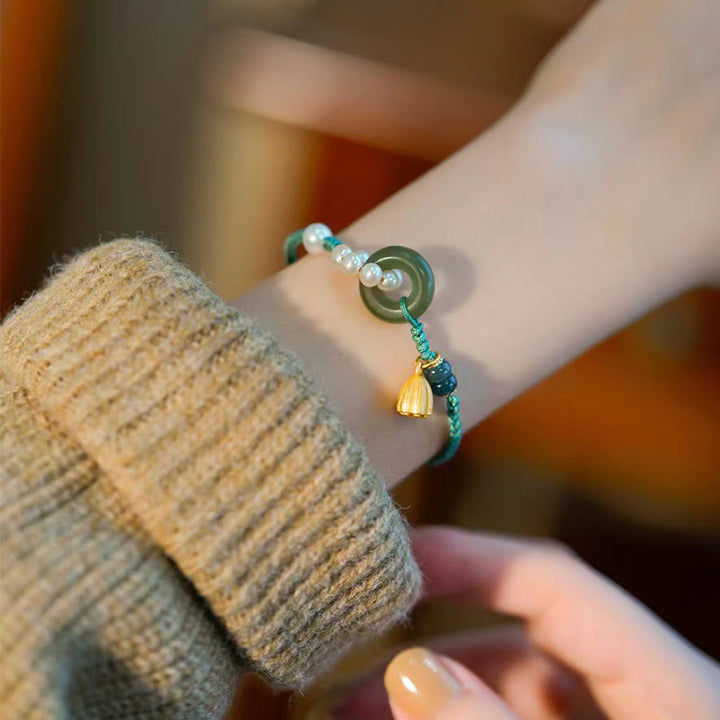 Pulsera trenzada hecha a mano con Buddha Stones, jade hetiano natural, hebilla de la paz, perla de la suerte
