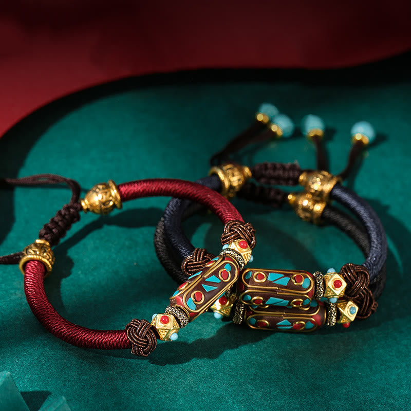 Pulsera trenzada de fuerza Om Mani Padme Hum de turquesa tibetana hecha a mano con Buddha Stones