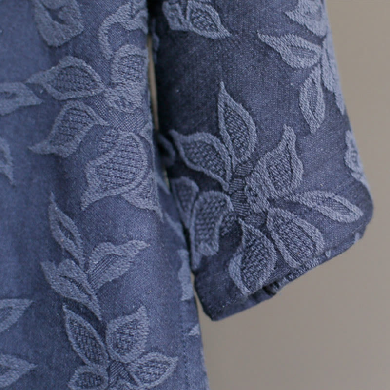 Vestido midi de jacquard con bordado de flores azules y Buddha Stones Vestido de algodón con manga tres cuartos y bolsillos