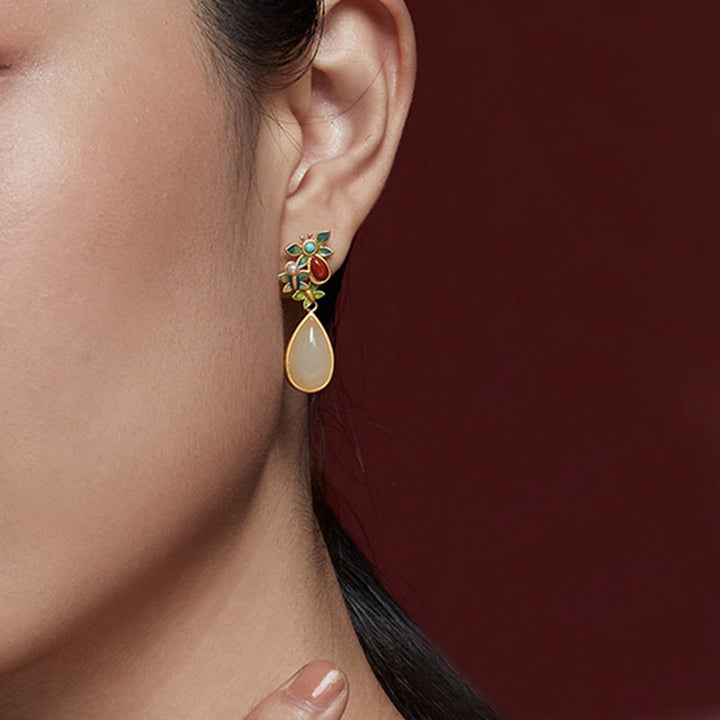 Pendientes colgantes con forma de gota de agua , Buddha Stones , Jade blanco, ágata roja, mariposa