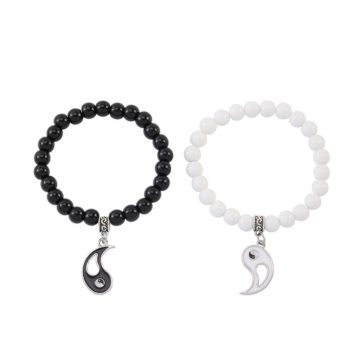 Buddha Stones 2 uds. Pulsera de pareja de protección Yin Yang con cuentas de turquesa blanca y ónix negro - Patrón de amor Yin Yang - image 5