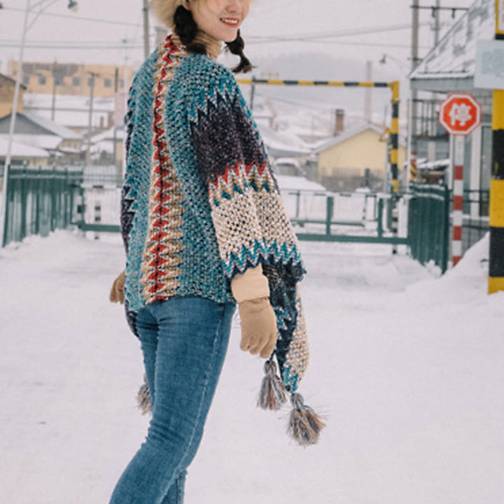 Mantón tibetano de Buddha Stones , bufanda cálida con borlas y patrón ondulado azul, Beige y rojo para invierno