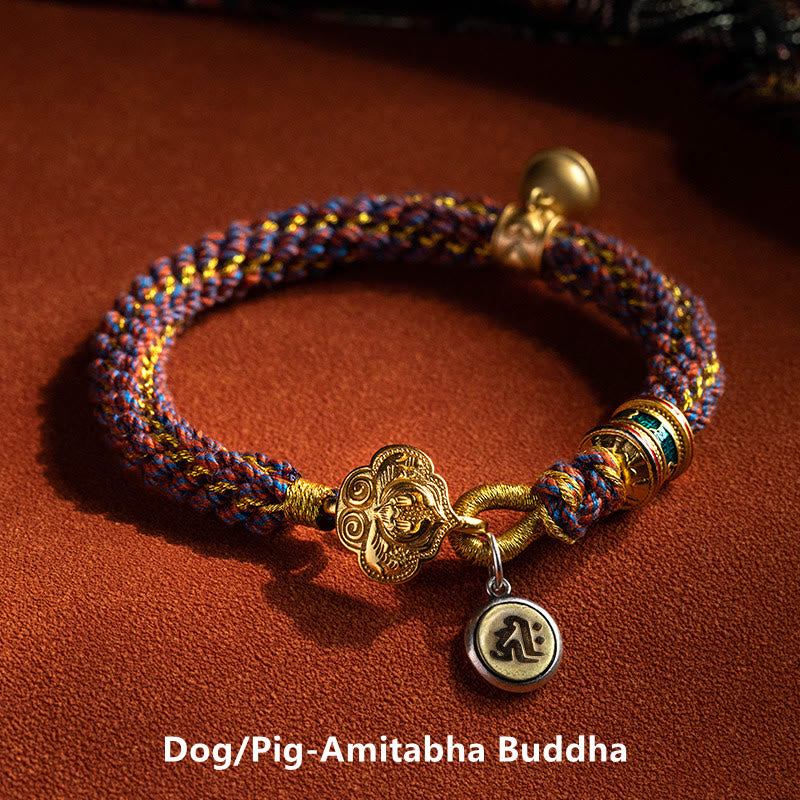 Pulsera de cuerda trenzada con campana de la suerte, Om Mani Padme Hum, Buda natal del zodíaco chino, Plata de Ley 925 con Buddha Stones