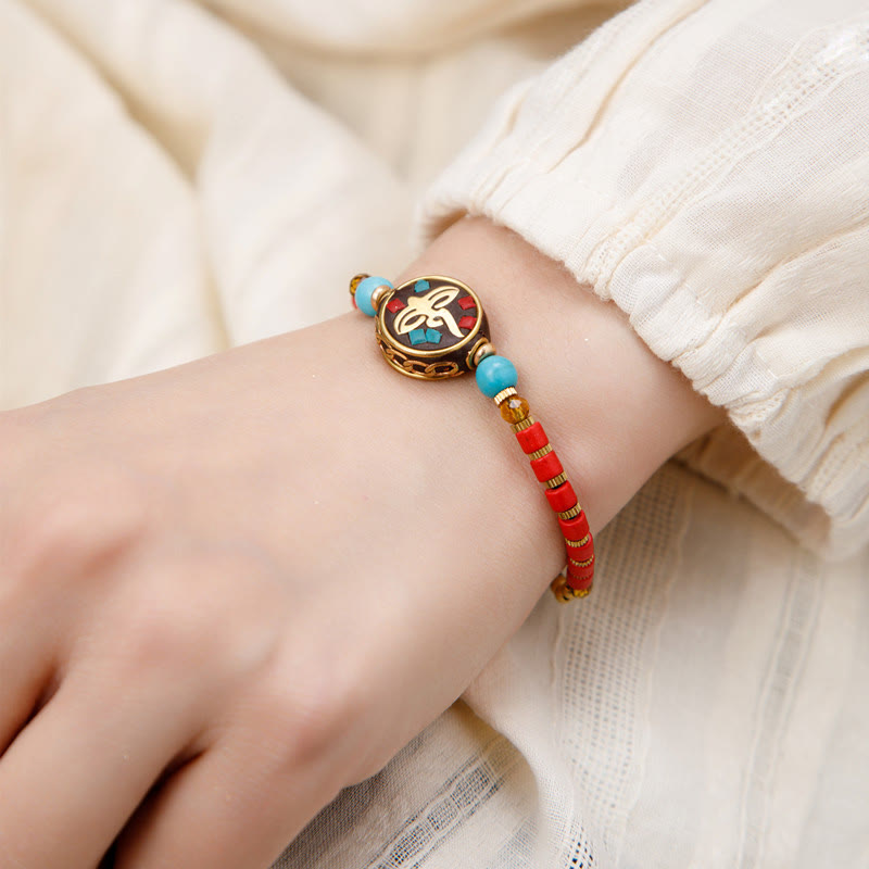 Pulsera de fuerza de protección Om Mani Padme Hum de turquesa tibetana con Buddha Stones