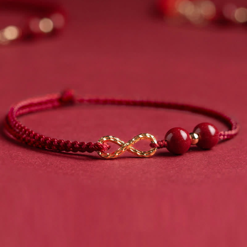 Pulsera tobillera con símbolo del infinito de oro de 14 quilates con hilo rojo y bendición de cinabrio con Buddha Stones