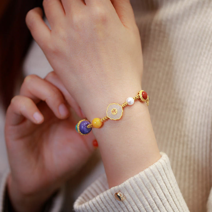 Pulsera de la suerte con cristales de ágata roja, ámbar y Jade hetiano Natural de Plata de Ley 925
