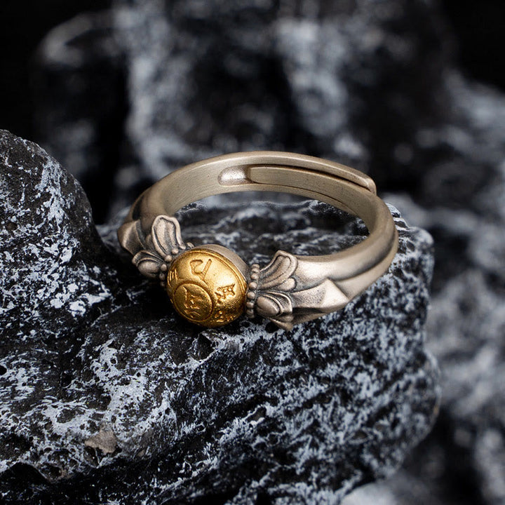 Anillo ajustable de plata de ley 925 con Buddha Stones Manjusri Mantra Om Mani Padme Hum Peace