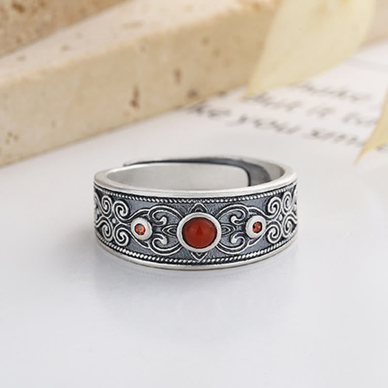 Anillo de pensamiento lógico con nubes propicias de ágata roja incrustada en plata de ley 925 con Buddha Stones