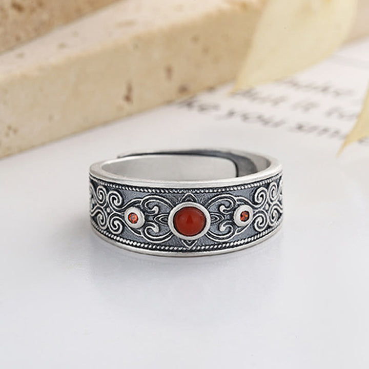 Anillo de pensamiento lógico con nubes propicias de ágata roja incrustada en plata de ley 925 con Buddha Stones