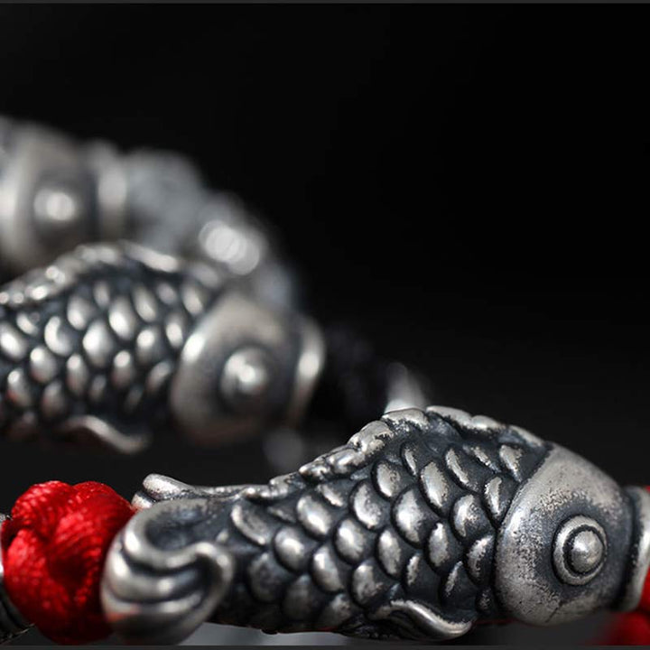 Pulsera de hilo trenzado con pez Koi de la suerte de plata con Buddha Stones