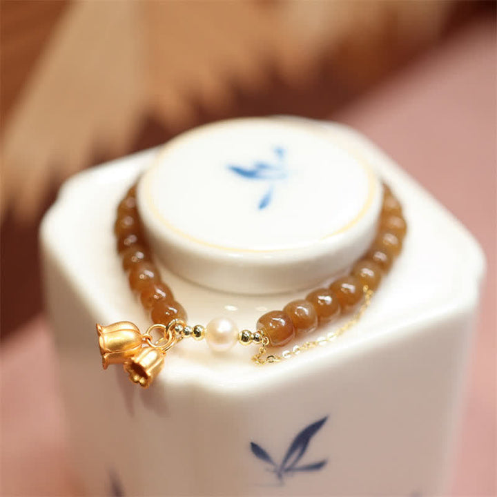 Pulsera con dije de lirio de los valles de jade hetiano natural de plata de ley 925