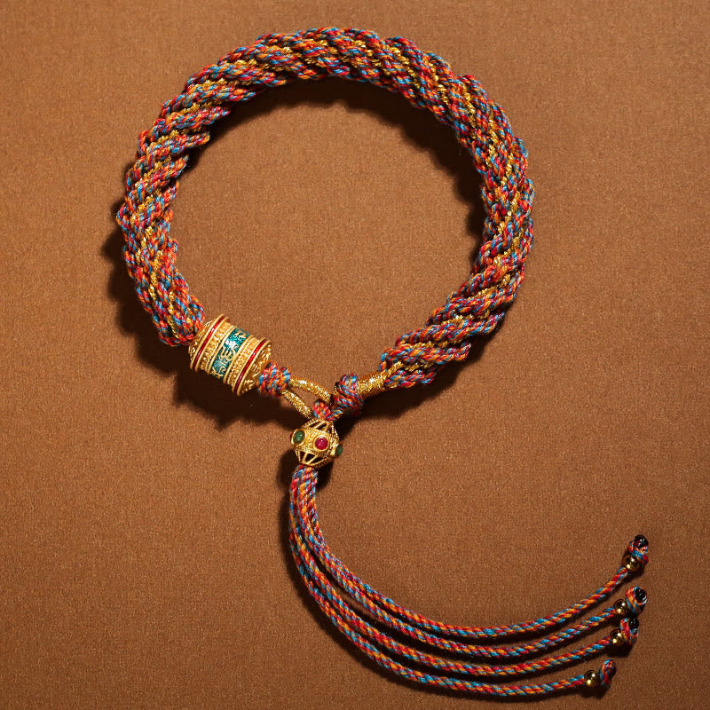 Pulsera de cuerda tejida con dije de rueda de oración Thangka de la suerte hecha a mano tibetana con Buddha Stones