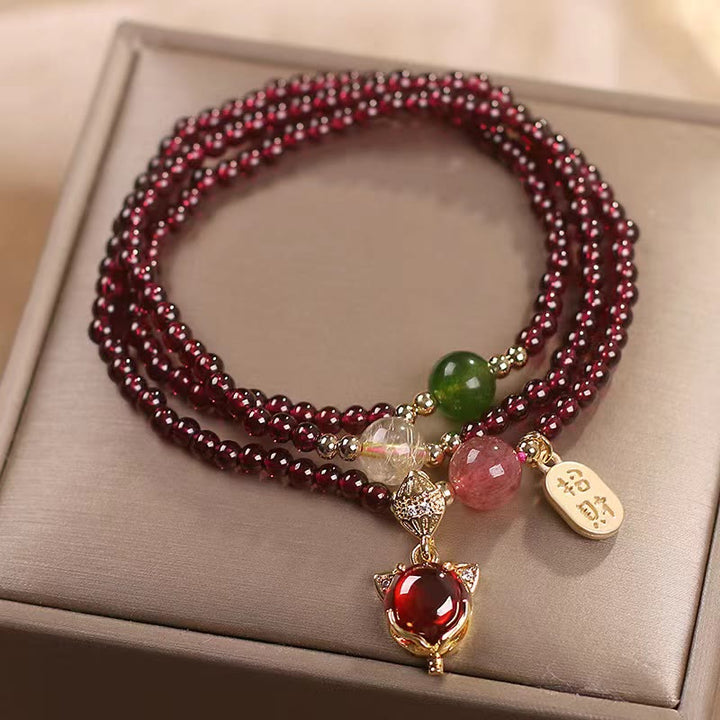 Pulsera de triple envoltura con Buddha Stones, granate Natural, fresa, cristal de cuarzo, zorro, pez Koi, hebilla de la paz, protección de la fortuna