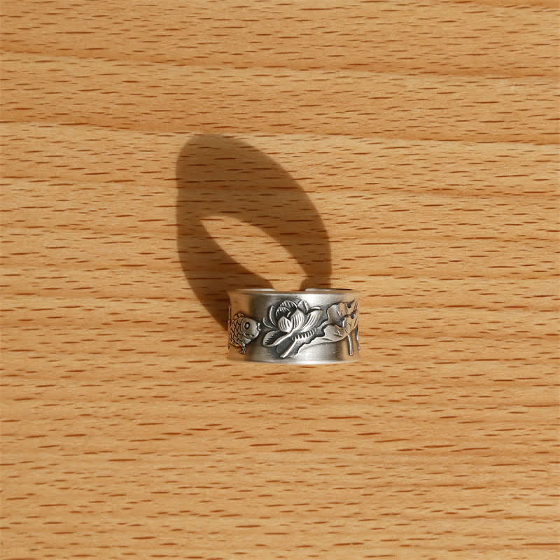 Anillo de plata de ley 999 con diseño de corazón de loto y pez koi de la suerte