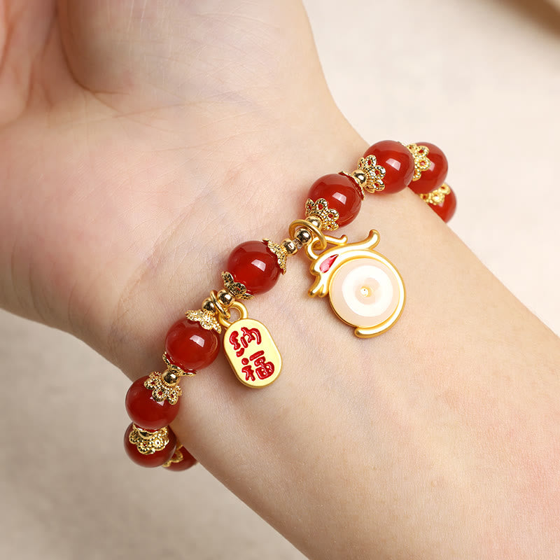 Buddha Stones Año del Dragón Ágata Roja Aventurina Verde Hebilla de la Paz Personaje Fu Pulsera de la Fortuna de la Suerte