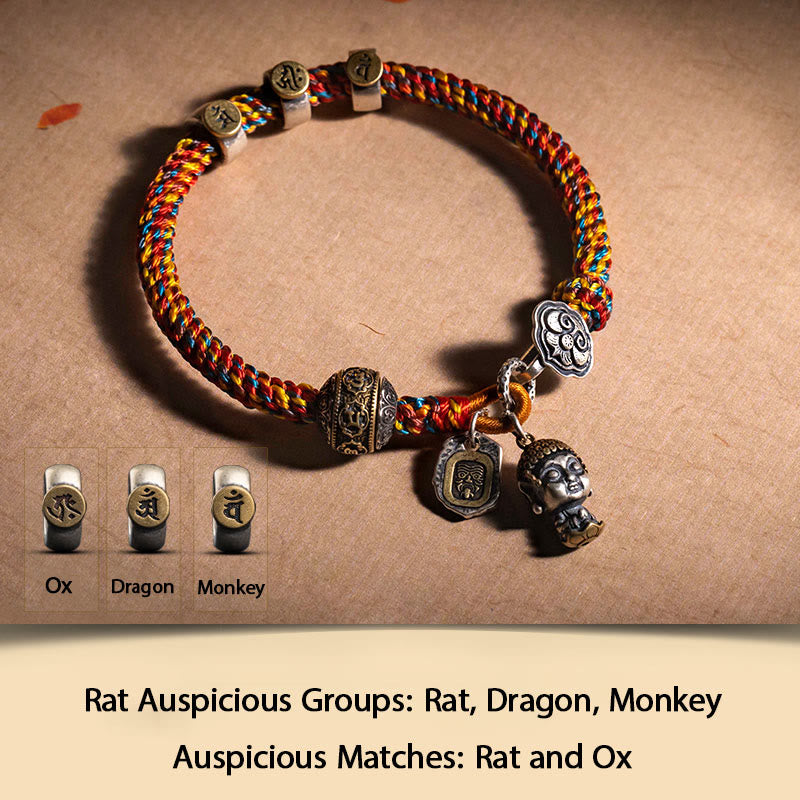 Buddha Stones hechas a mano tibetana de plata de ley 925, zodíaco chino, Buda natal Zakiram, diosa de la protección de la riqueza, pulsera trenzada de cuerda multicolor