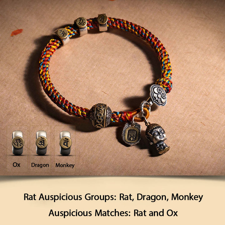 Buddha Stones hechas a mano tibetana de plata de ley 925, zodíaco chino, Buda natal Zakiram, diosa de la protección de la riqueza, pulsera trenzada de cuerda multicolor