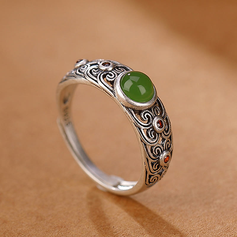 Anillo ajustable de armonía de jade cian hetiano de plata de ley 925 con Buddha Stones
