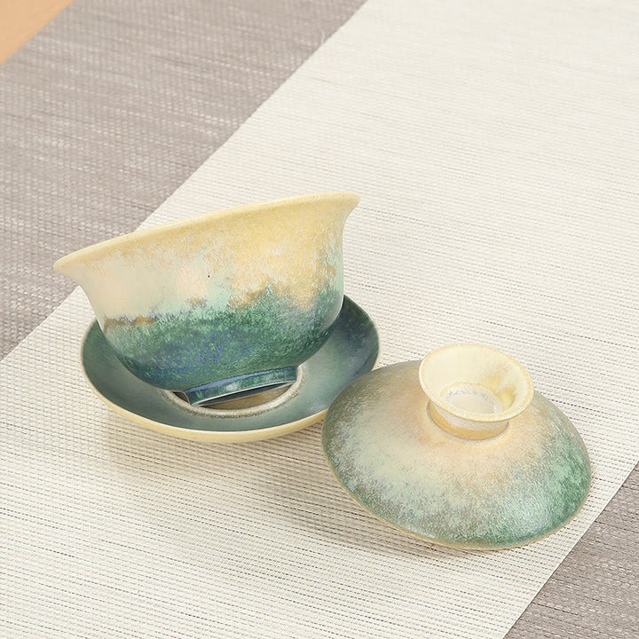 Taza de té y platillo de cerámica de porcelana con diseño de olas del océano, Buddha Stones , Gaiwan Sancai, Kung Fu, con tapa - image 3
