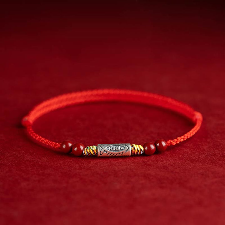 Pulsera tobillera trenzada hecha a mano con cuentas de cinabrio y pez Koi de plata de ley 925 con Buddha Stones