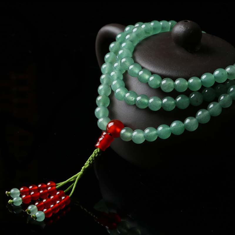 Pulsera Mala de la suerte con 108 cuentas, aventurina verde, ágata roja