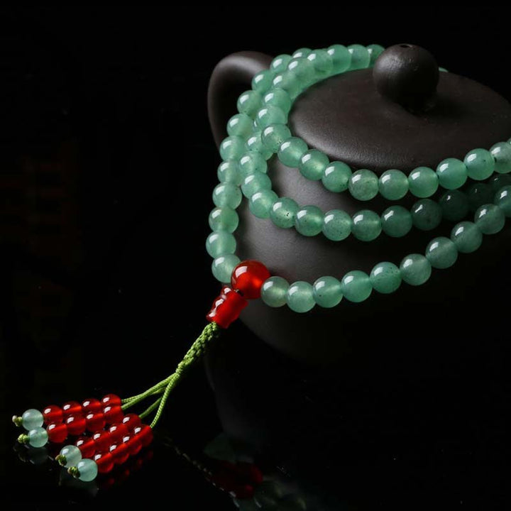 Pulsera Mala de la suerte con 108 cuentas, aventurina verde, ágata roja