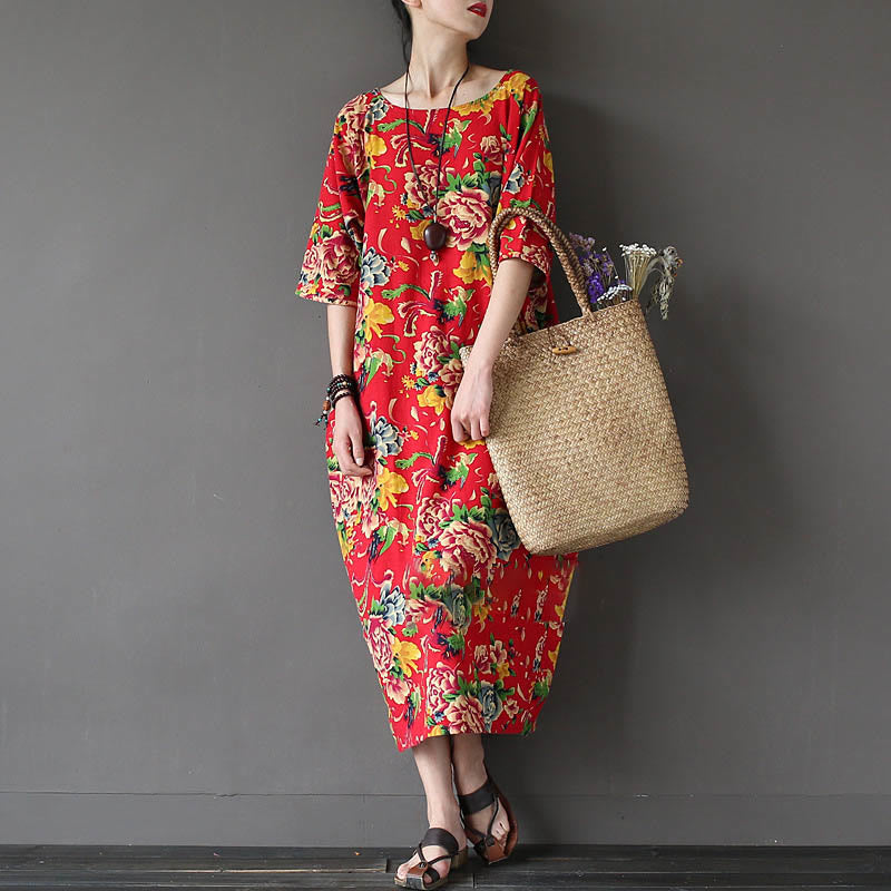 Vestido midi con estampado de flores de peonía roja y Buddha Stones Vestido de lino y algodón de media manga